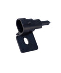 Ambient air temperature sensor, black plastic body with mounting bracket and hole (side view)