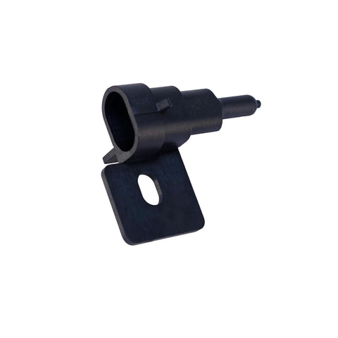 Ambient air temperature sensor, black plastic body with mounting bracket and hole (side view)