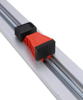 Heavy Duty Aluminum Straight Edge Guide For Circular Saws Featuring A Rock Solid Rubber Clamp and Non Slip Rail close-up of clamp and track.
