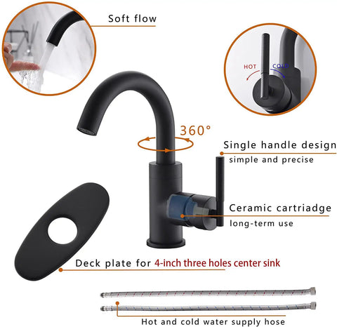 Matte Black Single Handle Bar Sink Faucet With 6 Inch Deck Plate 360 Degree Swivel Spout One Hole Bathroom Tap Lead Free Brass