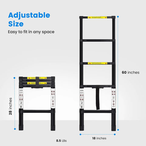 Telescoping RV Bunk Ladder 60 Inch Heavy Duty Aluminum Extension Lightweight Portable Adjustable Foldable For Bunk Beds Campers Travel Trailers Loft Dorm No Fuss Home Space Saving Sturdy Steps, 60-inch adjustable ladder shown folded and extended