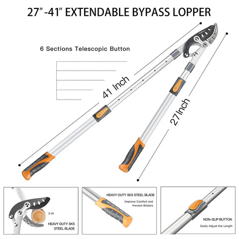Telescoping Loppers With 6 Speed Adjustable Aluminum Handle From 27 To 41 Inches For High Reach Yard Work And Heavy Duty Tree Trimming Up To 2 Inch Branches Includes Spare SK5 Steel Blade, showing extendable design and details.