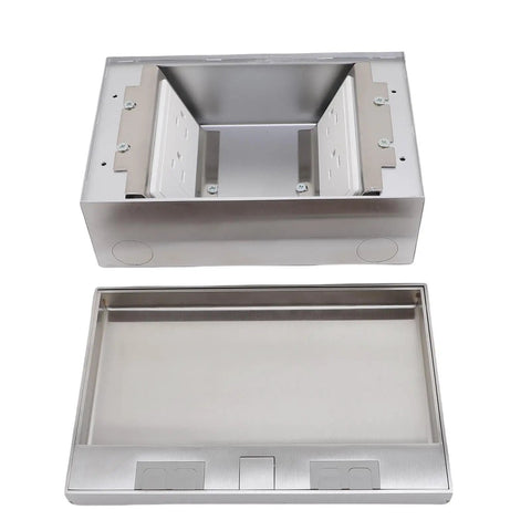 Badass Recessed Floor Power Outlet Kit With 4 Stainless Steel Sockets Flush Mount Pop Up Box, open view showing socket design.