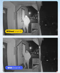 Comparison of 1080p security camera night vision with and without Smart IR highlighting enhanced visibility on porch