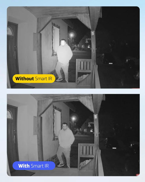 Comparison of 1080p security camera night vision with and without Smart IR highlighting enhanced visibility on porch