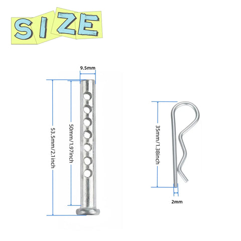 Six Pack Built Tough Heavy Duty Adjustable Multi Hole Eye Pins Clevis Pins Fasteners With R Clip dimensions shown