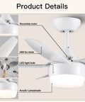 White 40 Inch Ceiling Fan With Lights And Remote Modern 5 Blade Design Quiet Noiseless Reversible Motor Dimmable Led Lighting Ideal For Bedroom And Indoor Living Spaces showing details of reversible motor, ABS blades, LED bulb, and acrylic lampshade.