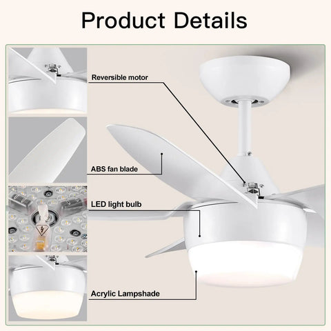 White 40 Inch Ceiling Fan With Lights And Remote Modern 5 Blade Design Quiet Noiseless Reversible Motor Dimmable Led Lighting Ideal For Bedroom And Indoor Living Spaces showing details of reversible motor, ABS blades, LED bulb, and acrylic lampshade.