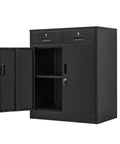 36 Inch High Locking Metal Storage Cabinet With Two Drawers And An Adjustable Shelf For Office, Garage Or Home, Heavy Duty Steel Construction In Black Finish