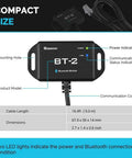 BT-2 Bluetooth Solar Monitor Module with cable, power, and Bluetooth indicators, dimensions, and mounting holes.
