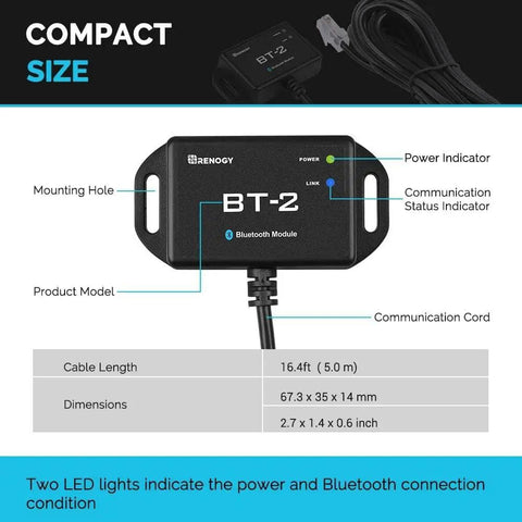 BT-2 Bluetooth Solar Monitor Module with cable, power, and Bluetooth indicators, dimensions, and mounting holes.
