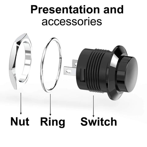 No Lock Momentary Push Button Switch Round Black Cap Normally Open Push And Hold ON Release OFF with nut and ring accessories