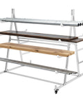 Smooth Rolling Cantilever Pipe Rack Cart With Five Tier Horizontal Lumber Storage Setup 1800 Pound Capacity Beast Mode Iron Frame Utility Shelving For Garage Workshop And Basement Organization with various wood and metal shelves.