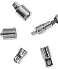 Six Piece Socket Adapter And Reducer Set For 1/4 3/8 1/2 Inch Ratchet Sockets Chrome Vanadium Steel shown arranged on white background