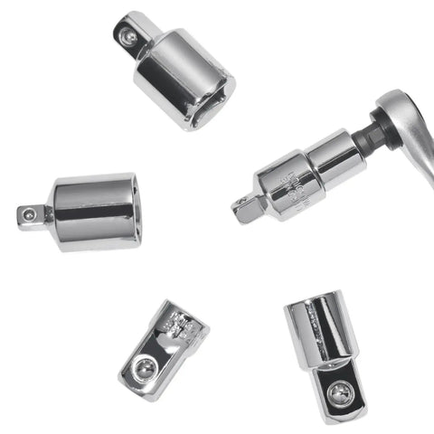 Six Piece Socket Adapter And Reducer Set For 1/4 3/8 1/2 Inch Ratchet Sockets Chrome Vanadium Steel shown arranged on white background