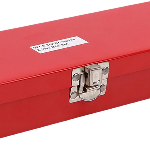 Badass 9 Piece 3/4 Inch Drive Hex Bit Socket Set Featuring Spline Bits H14 H17 H19 H21 H22 H23 red metal case with latch closure.