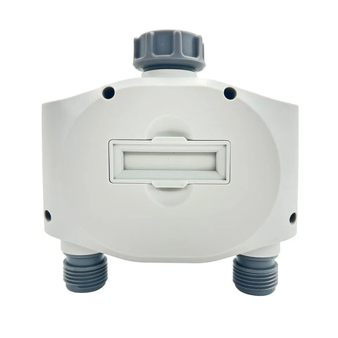 Back view of Two Zone Hose Timer For Garden And Lawn With LCD Display And Rain Delay Dual Outlet Sprinkler Controller