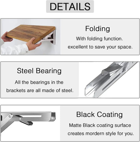 Heavy Duty Stainless Steel Folding Shelf Brackets Rock Solid Collapsible Wall Mounts detail showing folding function and steel bearing.