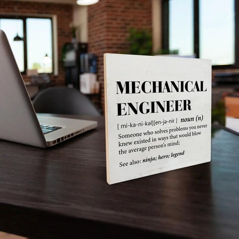 Mechanical Engineer Gift For Women And Men, Definition Wood Sign Plaque on desk with open laptop, rustic home office decor, 6.2 x 6.2 in