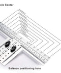 Eight Position Cabinet Pull Drill Template For Doors And Drawers Metal Mounting Template With Direct Drilling No Clamps Needed Center Pitch Spacing For 64mm 76mm 96mm And 128mm Handles Silver 1 Pack shown with measurement guide on stainless steel.