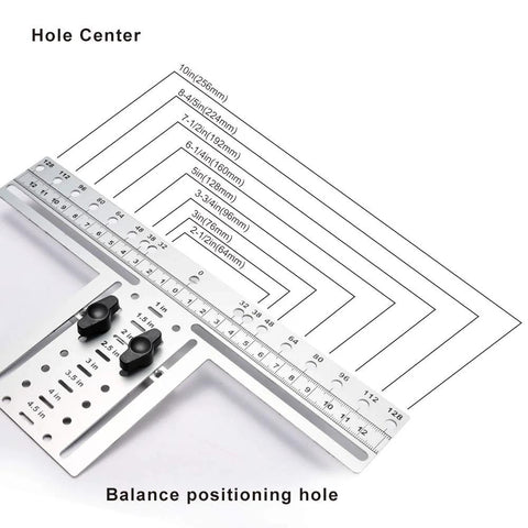 Eight Position Cabinet Pull Drill Template For Doors And Drawers Metal Mounting Template With Direct Drilling No Clamps Needed Center Pitch Spacing For 64mm 76mm 96mm And 128mm Handles Silver 1 Pack shown with measurement guide on stainless steel.