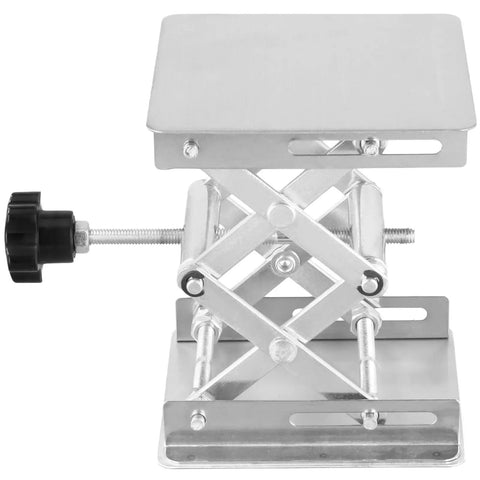 Hella Sturdy Stainless Steel Lab Scissor Jacks, 2 Piece Set, side view of adjustable height scissor jack with black knob.