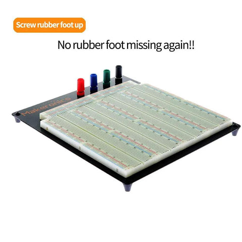 Solderless Breadboard Pro Kit With 3220 Tie Points on aluminum back plate, showing screw rubber foot up.