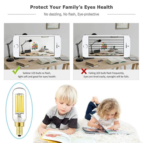Effect of using dimmable LED filament candle bulb 60W equivalent showing comparison of clear and flickering light on phone screen while kids read