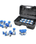 Knuckle Buster Proof Precision Door Bore Mortiser Master Kit With Thirty Plus Carbide Tipped Wood Cutters And Relentless Plunging Accessories For Weekend Project Hustle in a black case. Blue tipped cutters arranged inside and outside.