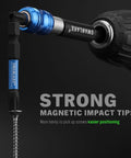 Close-up of a drill with Heavy Duty Impact Torx Bit Set 27-Piece With 1 In And 2 In Tamper Proof Security Bits Magnetic Driver Bits CNC Machined Tips S2 Steel Long Torque Star Bits demonstrating magnetic tip holding a screw on a black background.