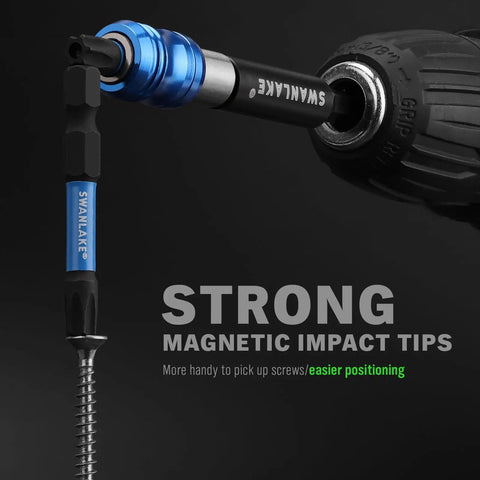 Close-up of a drill with Heavy Duty Impact Torx Bit Set 27-Piece With 1 In And 2 In Tamper Proof Security Bits Magnetic Driver Bits CNC Machined Tips S2 Steel Long Torque Star Bits demonstrating magnetic tip holding a screw on a black background.