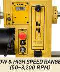Powermatic 20x20 variable-speed woodworking lathe control panel, yellow, RPM display, red emergency stop.