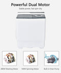 Straight Up A Smooth Portable Washing Machine With Twin Tub Layout, 26 Lbs Total Capacity Including An 18 Lbs Washer Plus 8 Lbs Spinner, Compact Electric Laundry Setup With Manual Dials And Drain Pump, showing powerful dual motors and built-in drain pump.