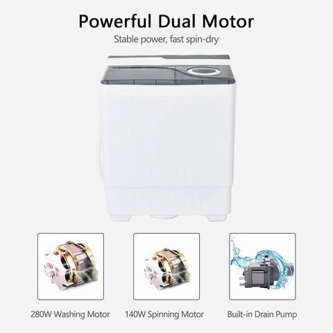 Straight Up A Smooth Portable Washing Machine With Twin Tub Layout, 26 Lbs Total Capacity Including An 18 Lbs Washer Plus 8 Lbs Spinner, Compact Electric Laundry Setup With Manual Dials And Drain Pump, showing powerful dual motors and built-in drain pump.