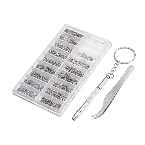 All In One Glasses Repair Kit With Screws Nuts Screwdriver Tweezers And Cloth For Sunglasses And Eyewear Maintenance Quick Fixes And Adjustments DIY Eyewear Repair Essentials Must Have, showing screws, screwdriver, and tweezers