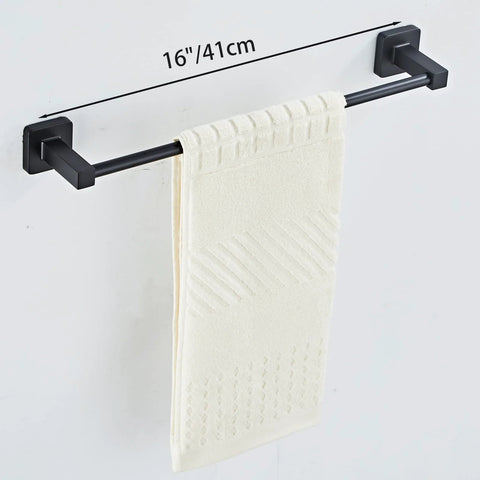 Matte Black 4 Piece Stainless Steel Bathroom Hardware Set Wall Mounted With 16 Inch Hand Towel Bar Towel Ring Robe Hook And Toilet Paper Holder For Modern Durable Corrosion Resistant Bath Accessories showing 16 inch towel bar with towel.