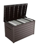 Open XXL 230 Gallon Outdoor Deck Storage Box With Weather Resistant Resin And Lockable Piston Lid showing towel storage.