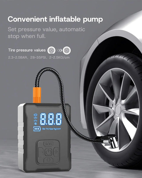 Portable Tire Inflator Kit For Tesla featuring fast charge air pump measuring tire pressure on vehicle wheel.