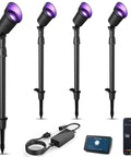 Lit Smart Outdoor Spotlight Kit 4 Pack 12V Low Voltage Landscape Lights With App Control, showing lights and control devices.