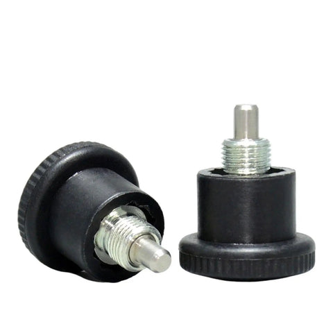 Heavy Duty Spring Loaded Indexing Plunger With Comfy Grip Handle And Rock Solid Stainless Steel Body For Snappy Locking And Exact Placement Fits M8 M10 M12 M16 Bolts, showing two plunger styles.