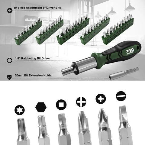 259 Piece Home And Car Tool Kit With Portable Plastic Storage Toolbox, Heavy Duty Chrome Vanadium Hand Tools, Ergonomic Non Slip Grips shown with driver bits and ratcheting driver.
