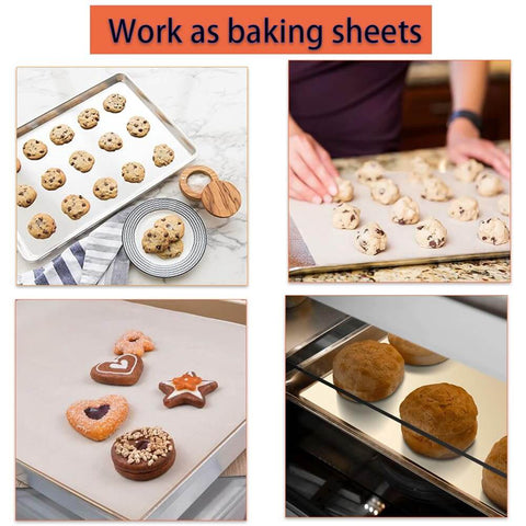 Non-Stick PTFE Teflon Sheets used for baking cookies on trays, demonstrating versatility and heat resistance up to 500°F.