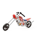 99 Piece Metal Motorcycle Model Building Kit For DIY Chopper Bike Fans And STEM Lovers in red and silver side view.