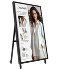 On Deck 43 Inch Portable Digital Signage Monitor Running Android 11 With Super Smooth Touch Screen displaying a long shirt ad.