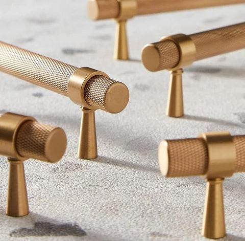 2 Pack Solid Brass Cabinet Pulls 5 Inch Hole Centers Gold Knurled Textured Bar Handles on display