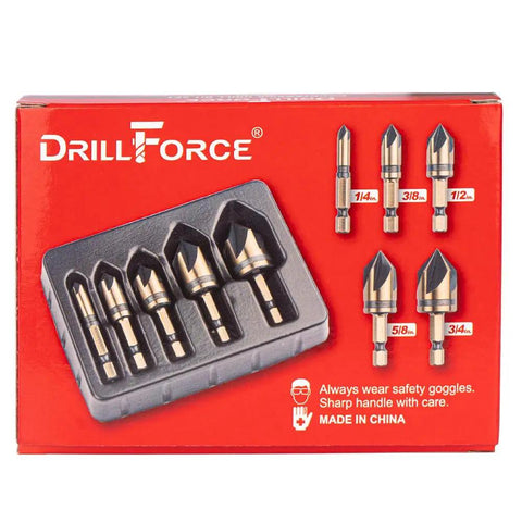 Workhorse Pro Grade Cobalt Countersink Drill Bits Set 5 Piece With M35 HSS Co 82 Degree Five Flutes 1/4 Inch Quick Change Hex Shank