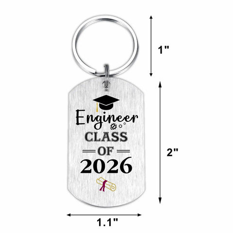 Engineer Graduation Gift Dog Tag Keychain For Class Of 2026 with gear and tool engraving, size 2 x 1.1 inches.