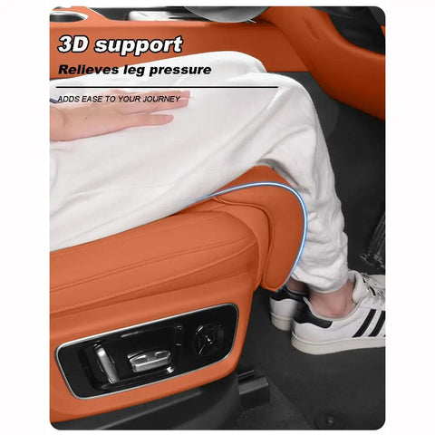 Upgrade Your Ride With The Ultimate Car Seat Leg Support Extender For Mini Cooper SE Convertible John Cooper Works Electric Featuring Breathable Ventilated Design Perfect For All Seasons To Cut Fatigue On Long Drives In Black showing 3D leg support in a convertible.