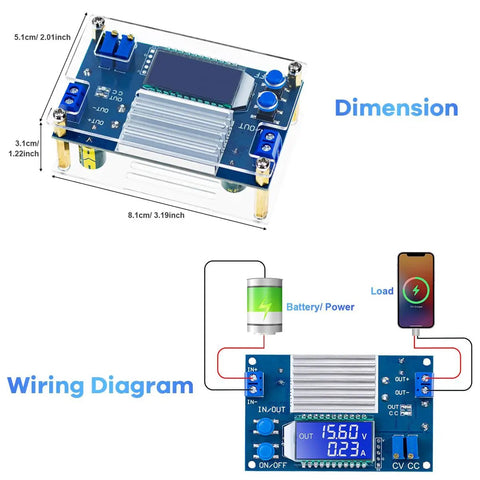 Beefy 12A DC To DC Step Down Power Supply Module with dimensions and wiring diagram shown