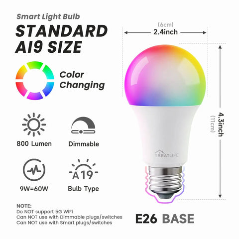 Dimmable Multicolor And White LED Bulb A19 E26 8W 60W Equivalent No Hub Needed Remote Control Via App Set Schedules Works With Alexa And Google Assistant 2 Pack Energy Saving LED For Home Automation, showcasing color-changing feature and E26 base